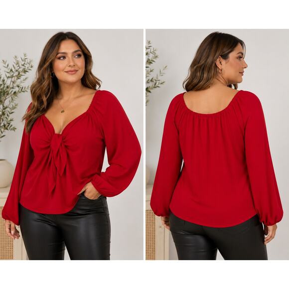 Eloquii Tops - Eloquii Red Tie Front Long Sleeve Blouse Size 14/16 Plus Size Statement Top